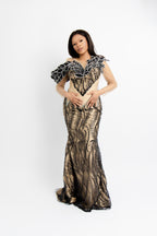 Elegant Black Sequin Mermaid Gown with Nude Mesh Sleeves