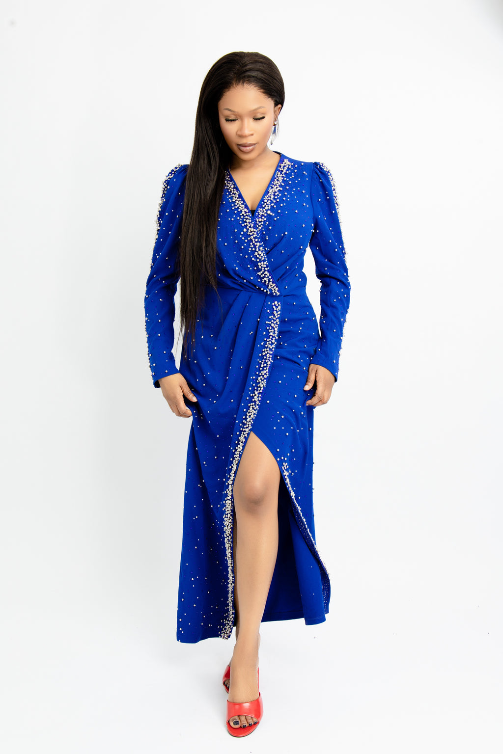Royal Blue Embellished Slit Dress