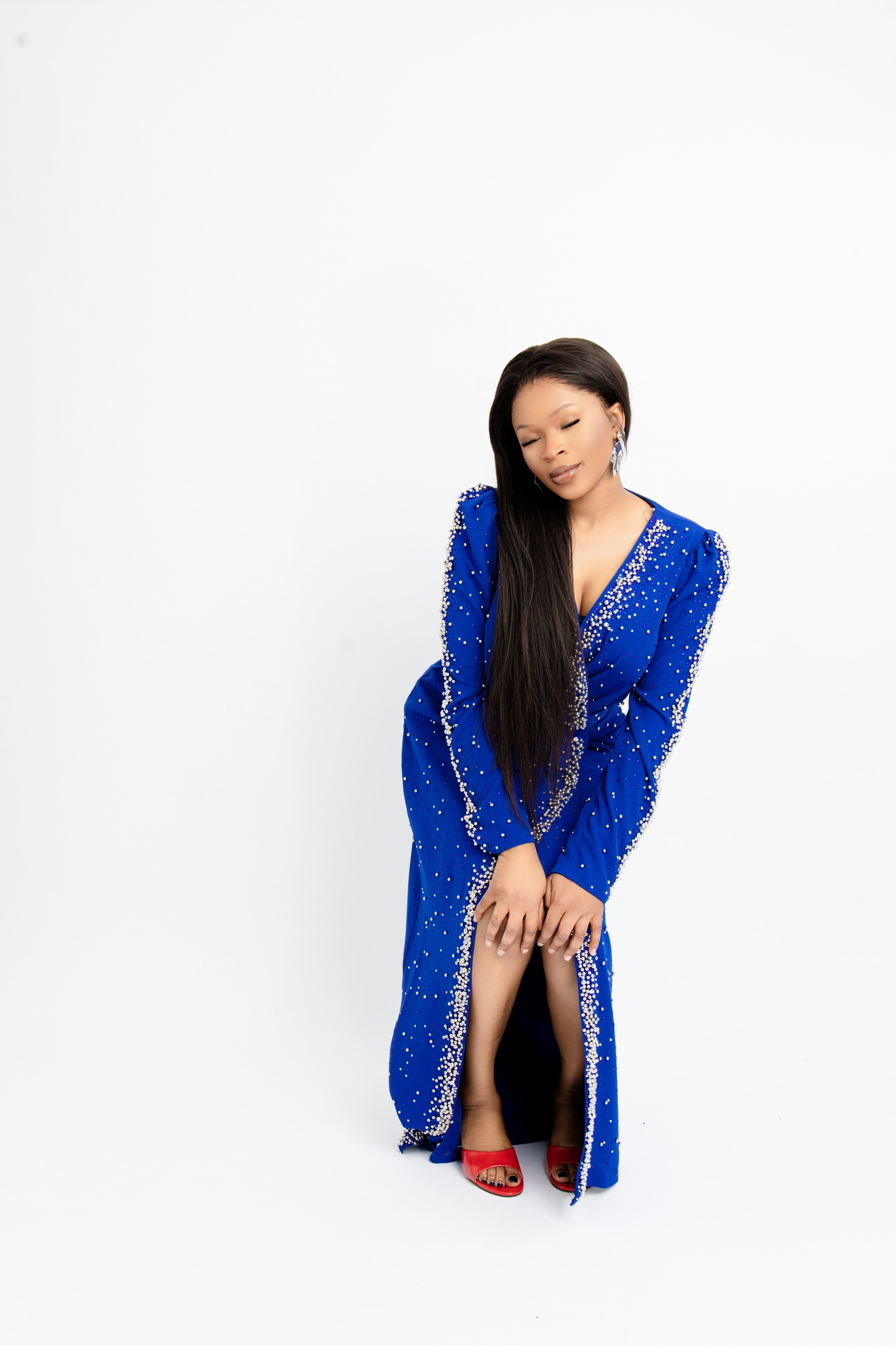Royal Blue Embellished Slit Dress