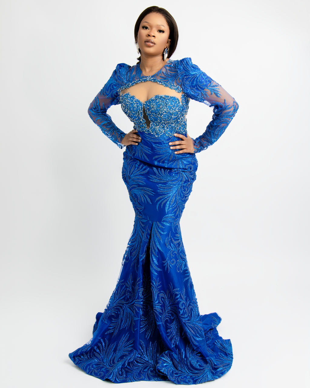 Royal Blue Beaded Mermaid Evening Gown – Luxury Long Sleeve Embellished Formal Dress for Weddings & Gala Events