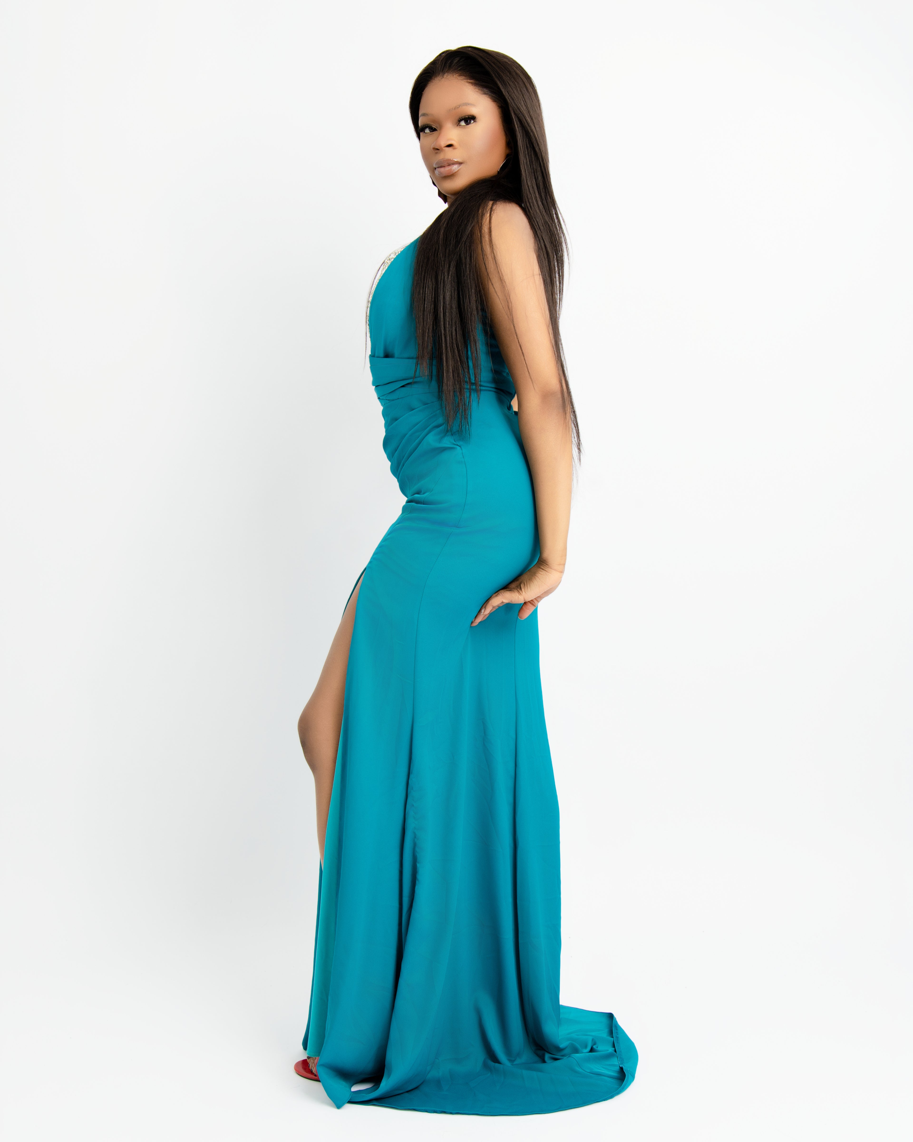 Teal Strapless Slit Gown