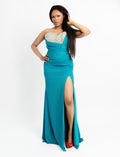Teal Strapless Slit Gown