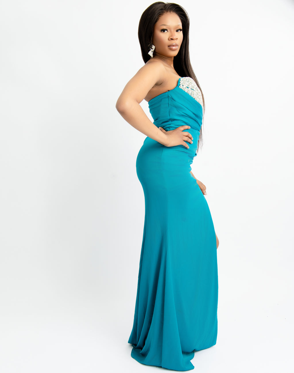 Teal Strapless Slit Gown