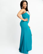 Teal Strapless Slit Gown