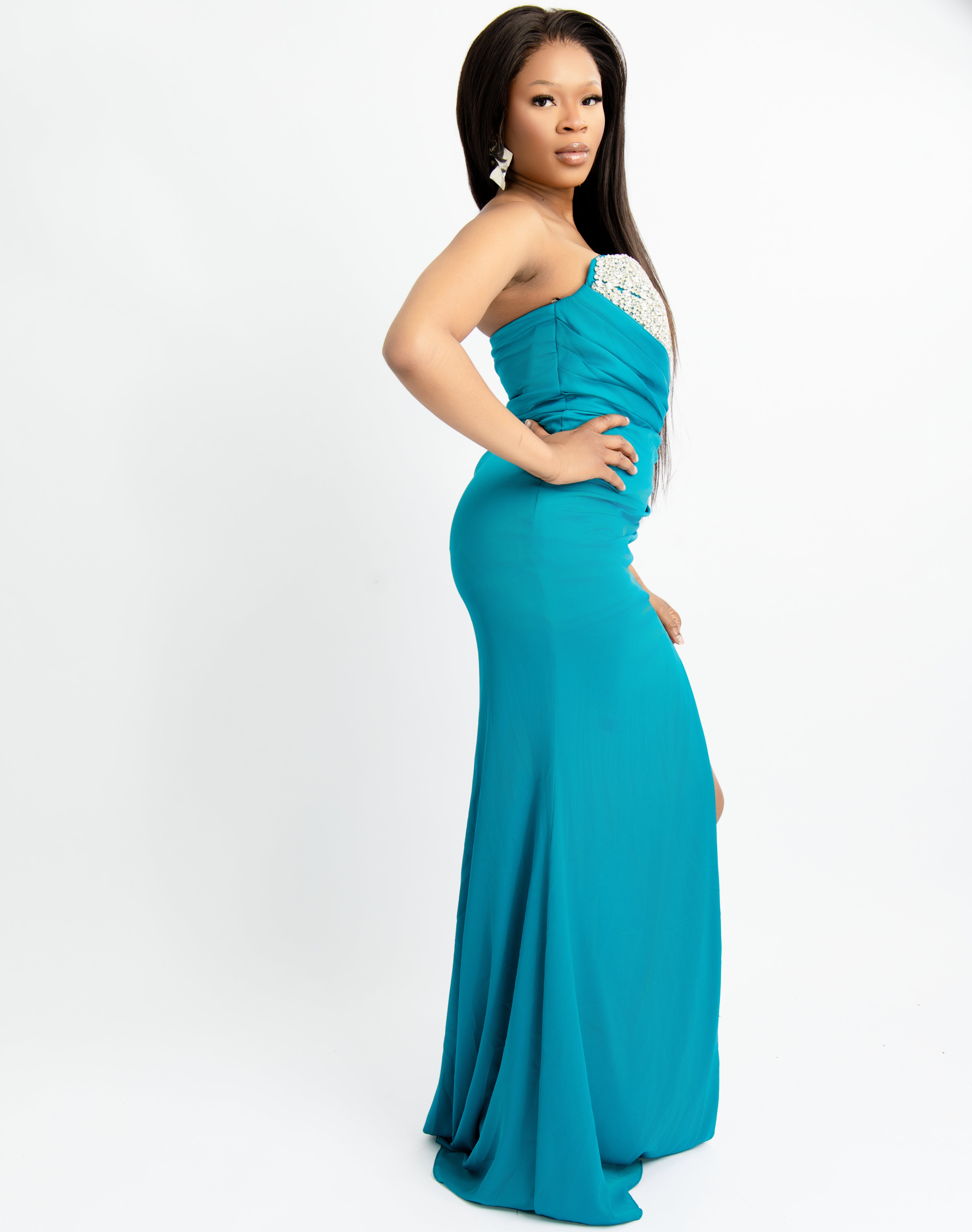 Teal Strapless Slit Gown