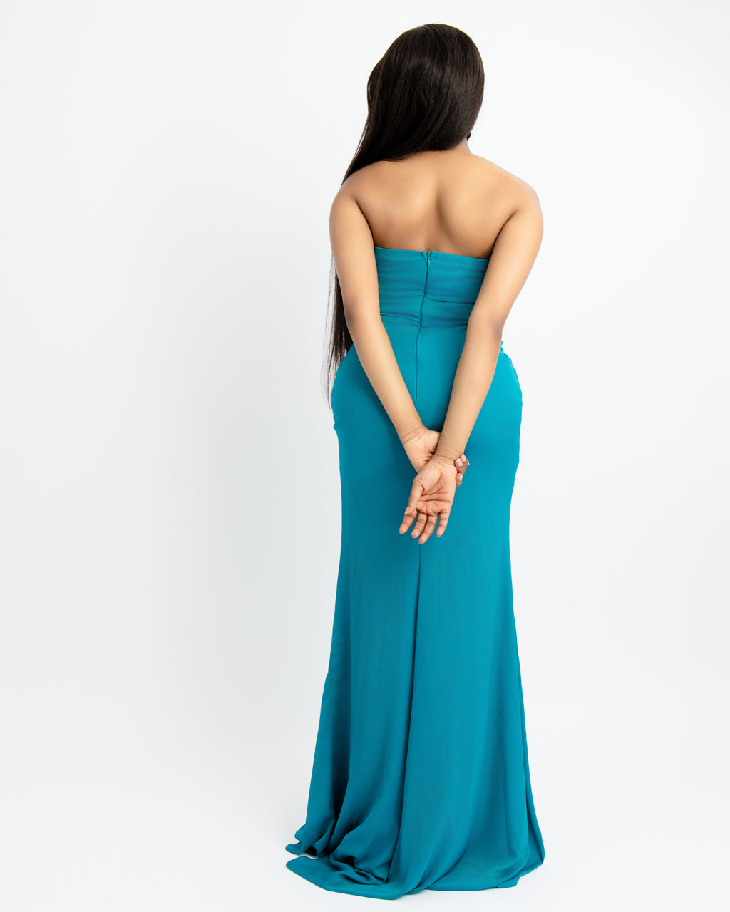 Teal Strapless Slit Gown