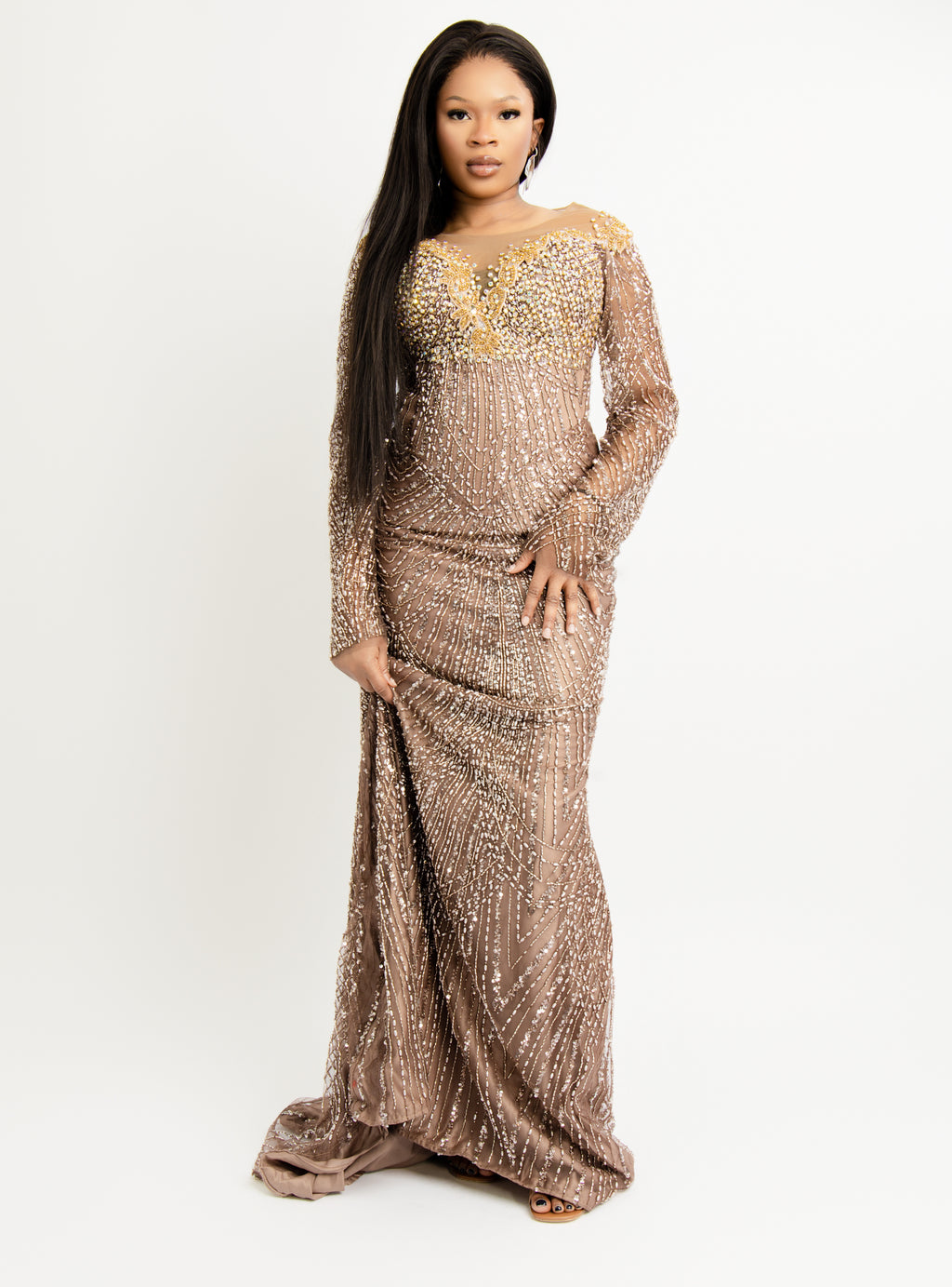 Luxury Gold Embellished Nude Long Sleeve Evening Gown – Elegant Beaded Floor-Length Dress for Weddings & Special Events