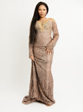Luxury Gold Embellished Nude Long Sleeve Evening Gown – Elegant Beaded Floor-Length Dress for Weddings & Special Events