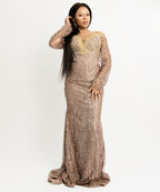 Luxury Gold Embellished Nude Long Sleeve Evening Gown – Elegant Beaded Floor-Length Dress for Weddings & Special Events