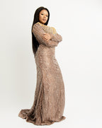Luxury Gold Embellished Nude Long Sleeve Evening Gown – Elegant Beaded Floor-Length Dress for Weddings & Special Events