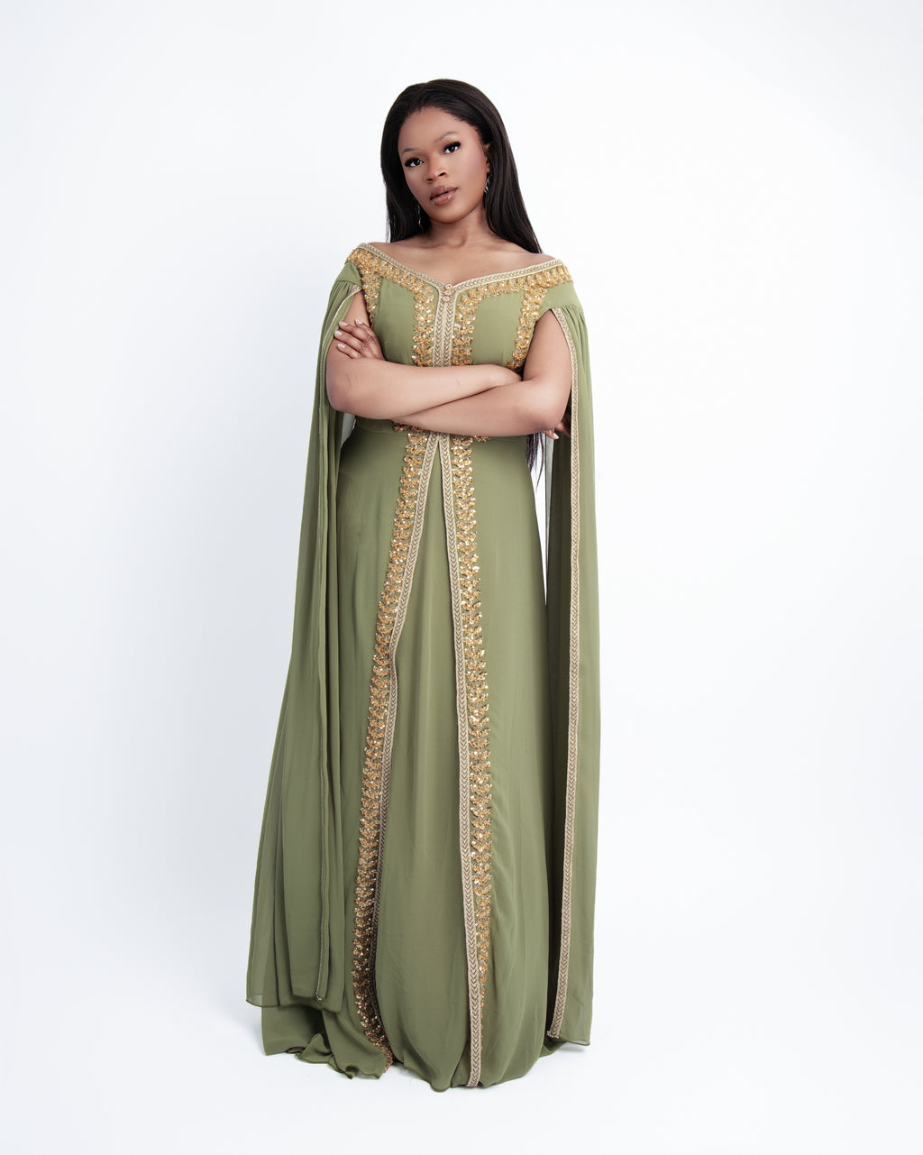 Olive Green Embellished Maxi Abaya Gown