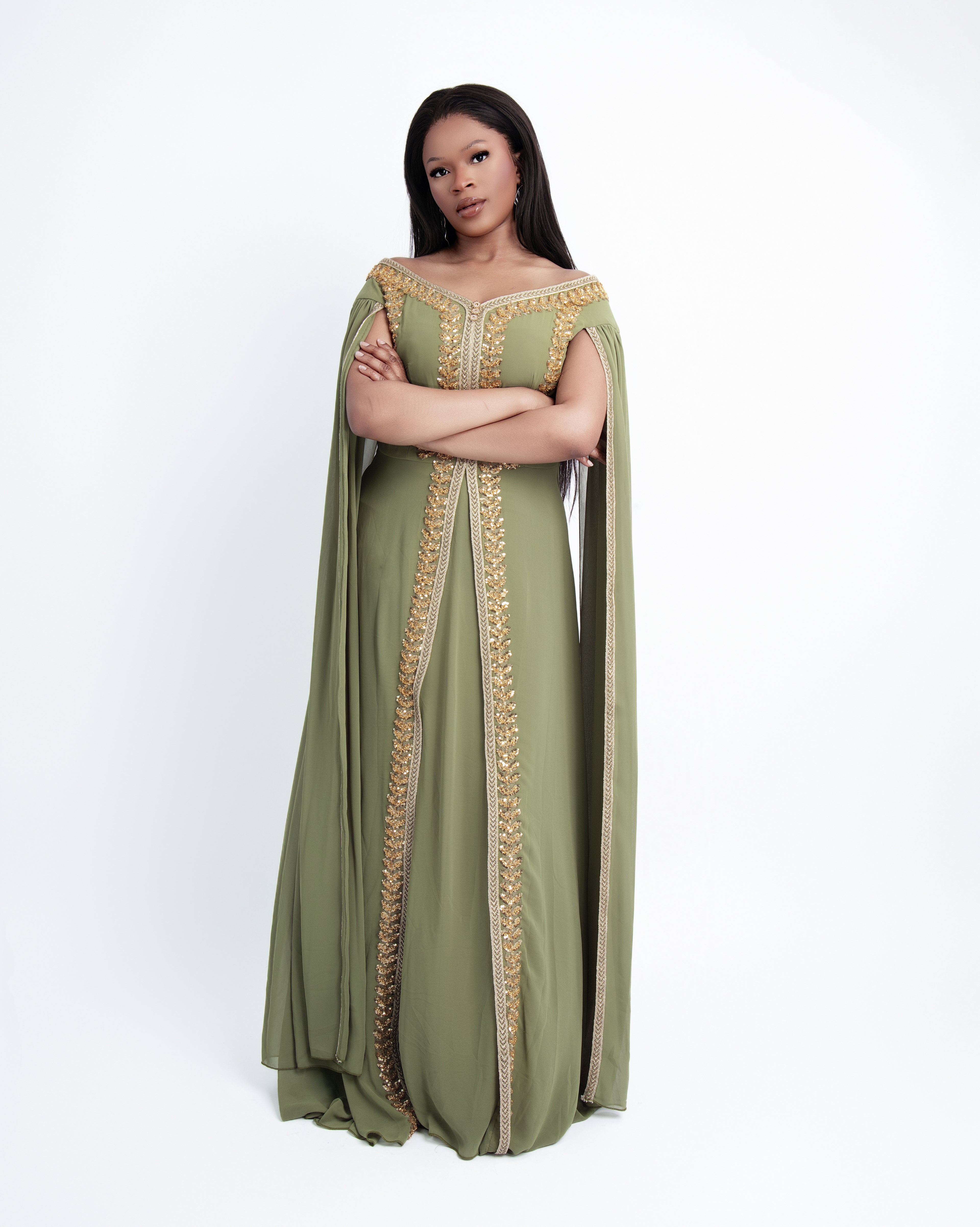 Olive Green Embellished Maxi Abaya Gown