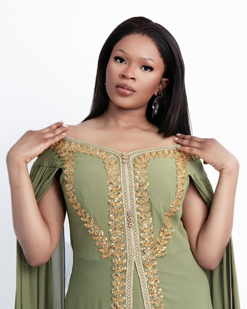Olive Green Embellished Maxi Abaya Gown