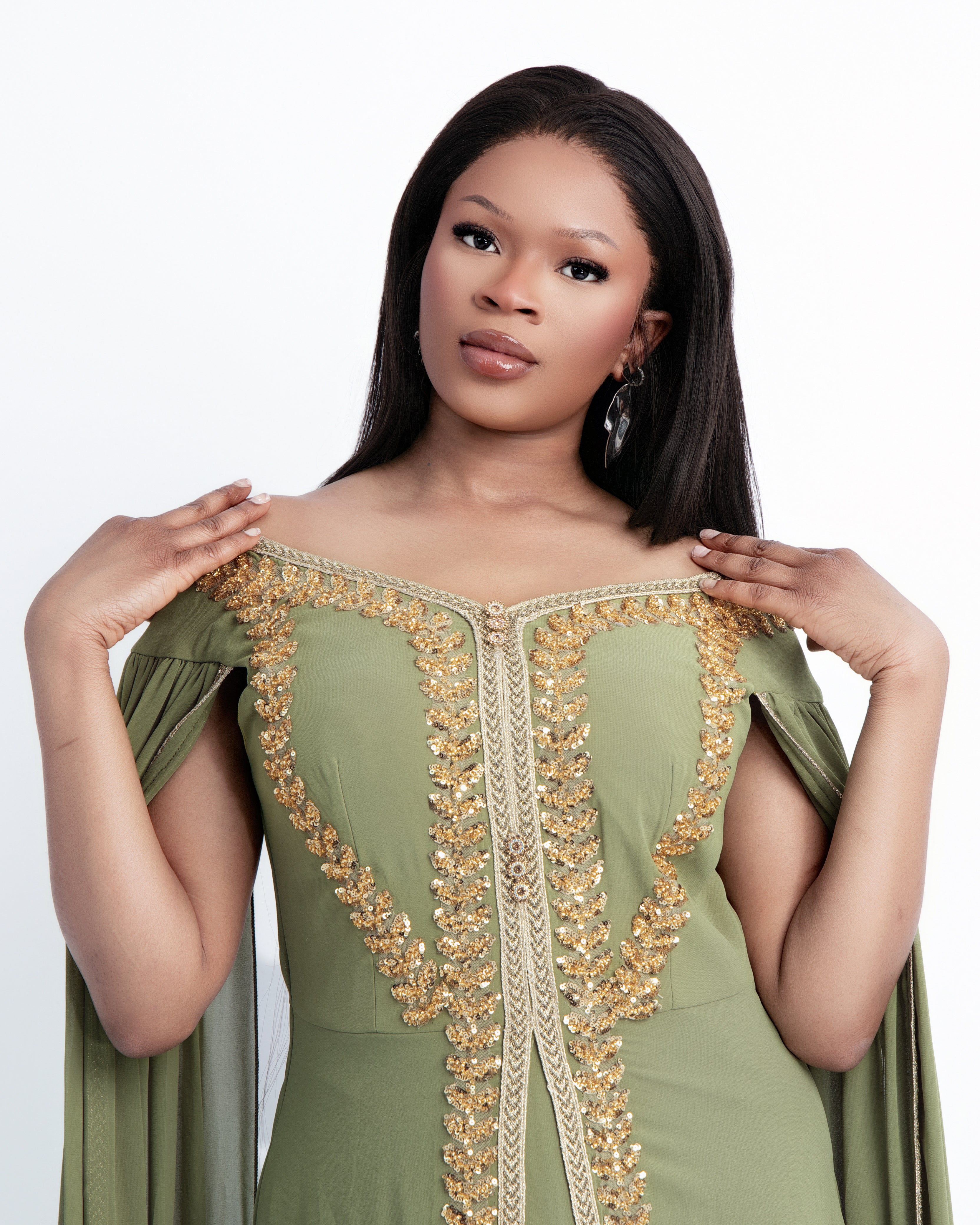 Olive Green Embellished Maxi Abaya Gown