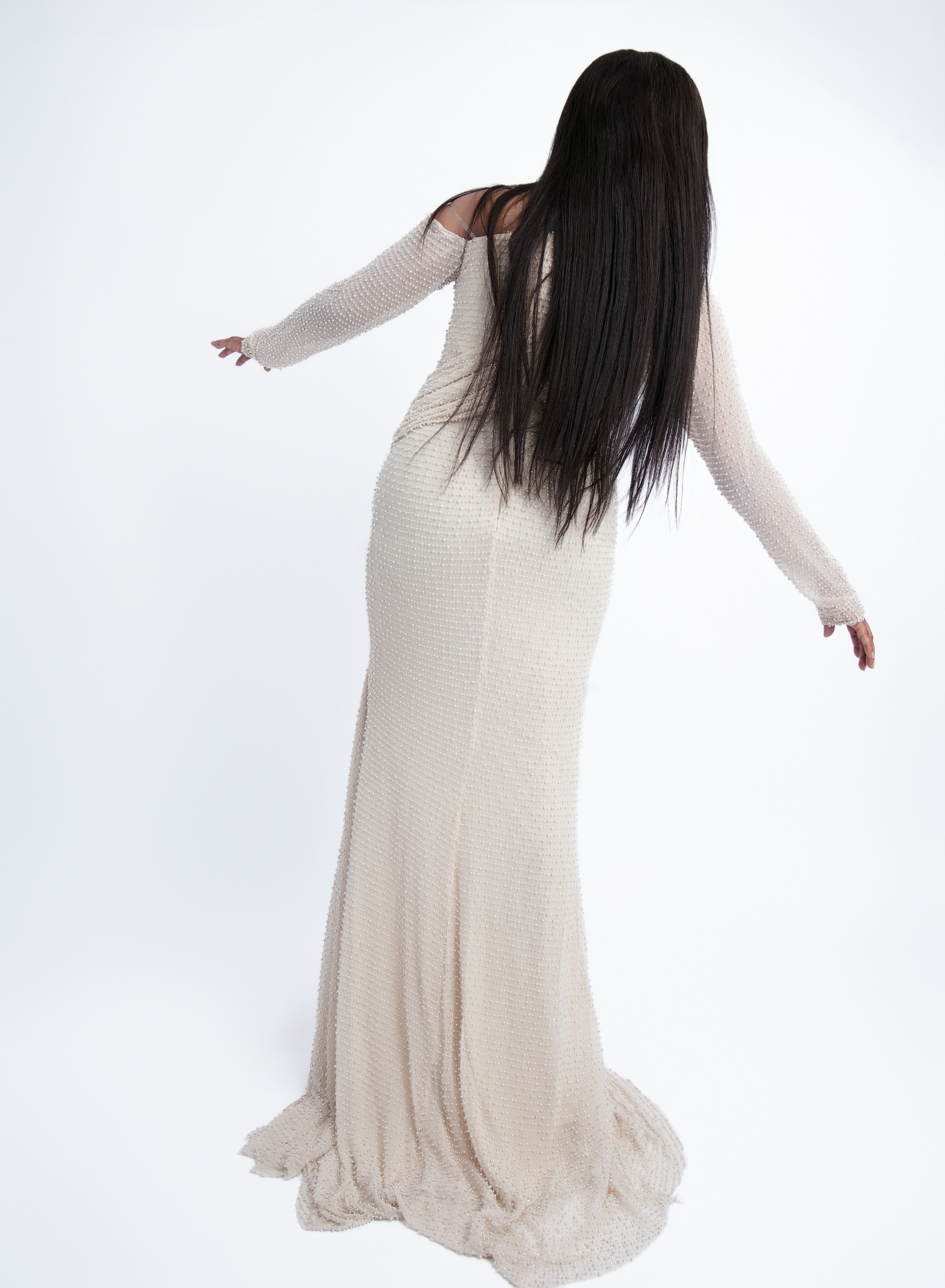 Cream Off-Shoulder Slit Gown
