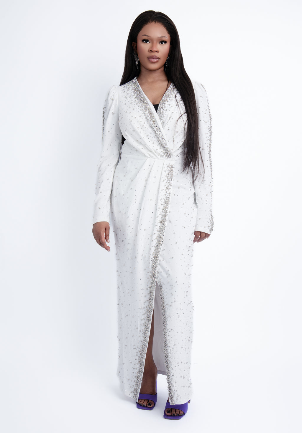 White Embellished Wrap Slit Dress