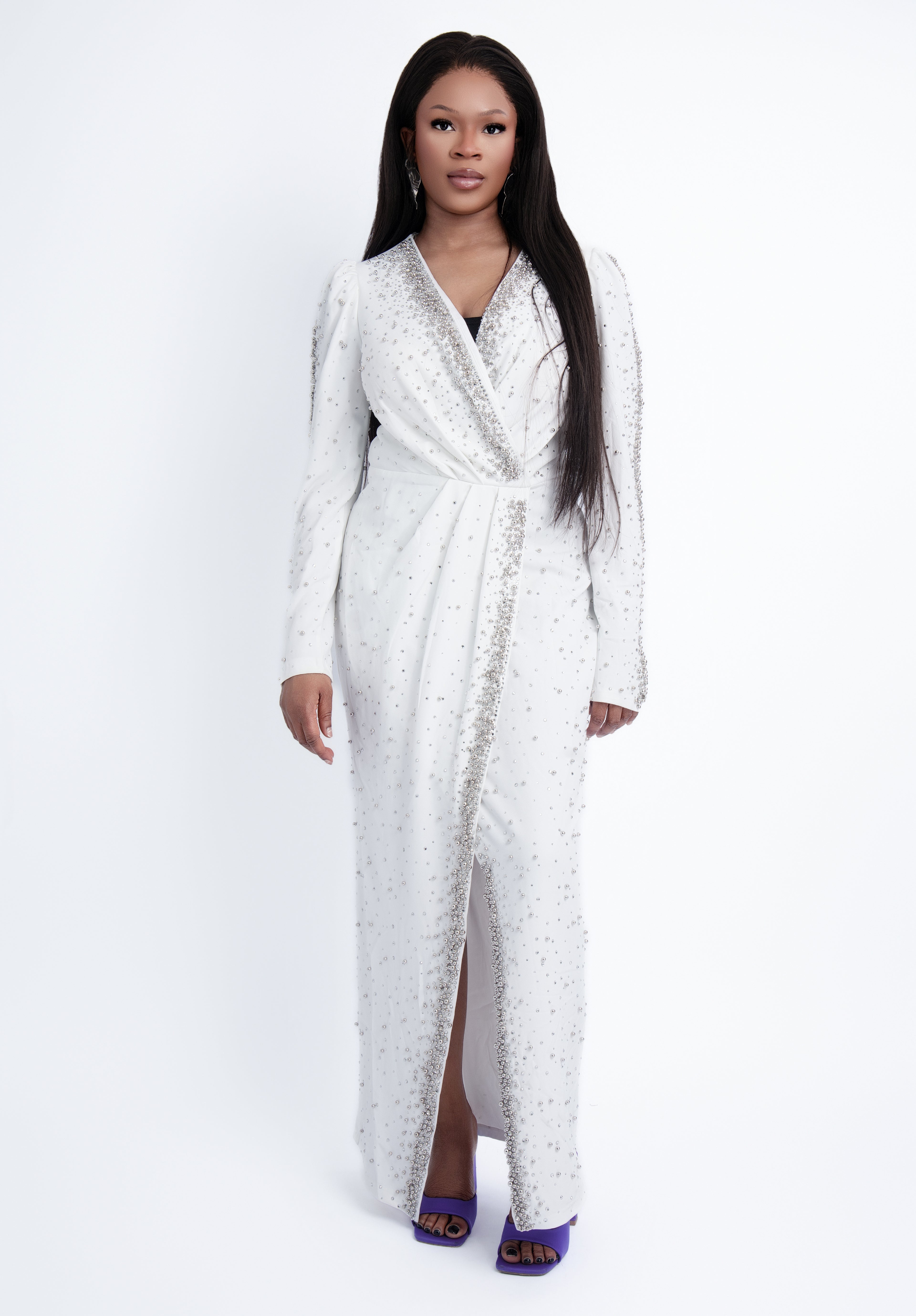 White Embellished Wrap Slit Dress
