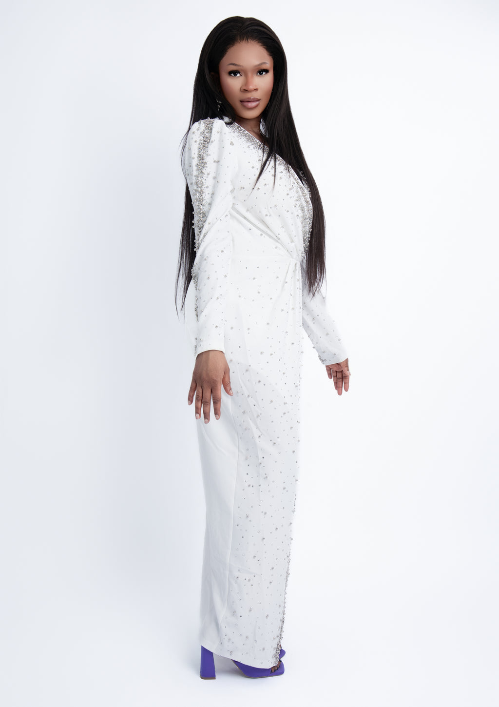 White Embellished Wrap Slit Dress
