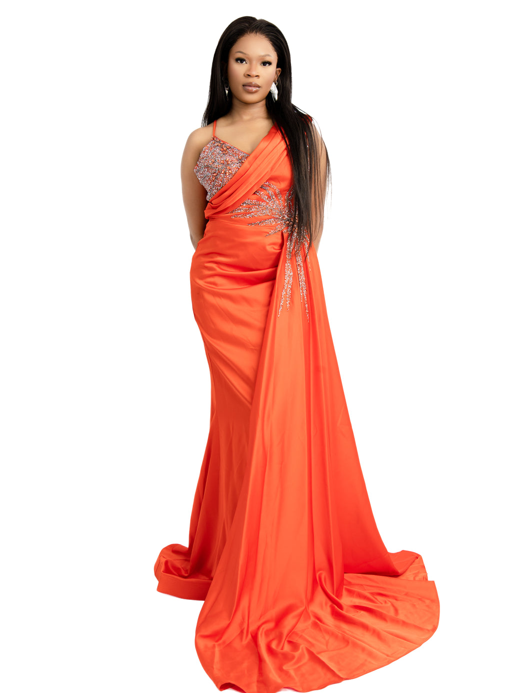 Orange One-Shoulder Evening Gown