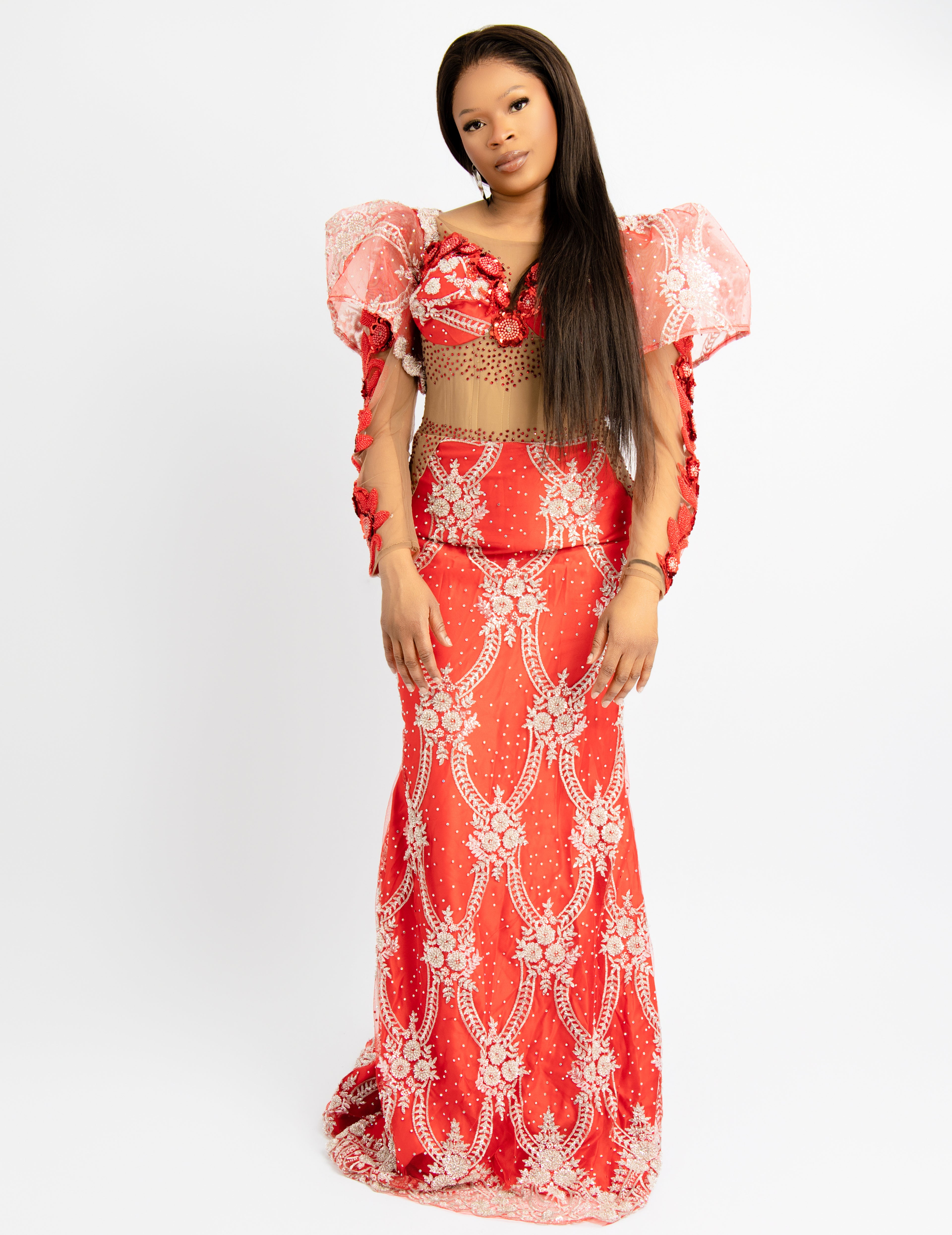 Luxury Red Embroidered Mermaid Evening Gown – Elegant Puff Sleeve Sheer Formal Dress for Weddings & Special Events