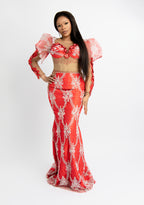 Luxury Red Embroidered Mermaid Evening Gown – Elegant Puff Sleeve Sheer Formal Dress for Weddings & Special Events