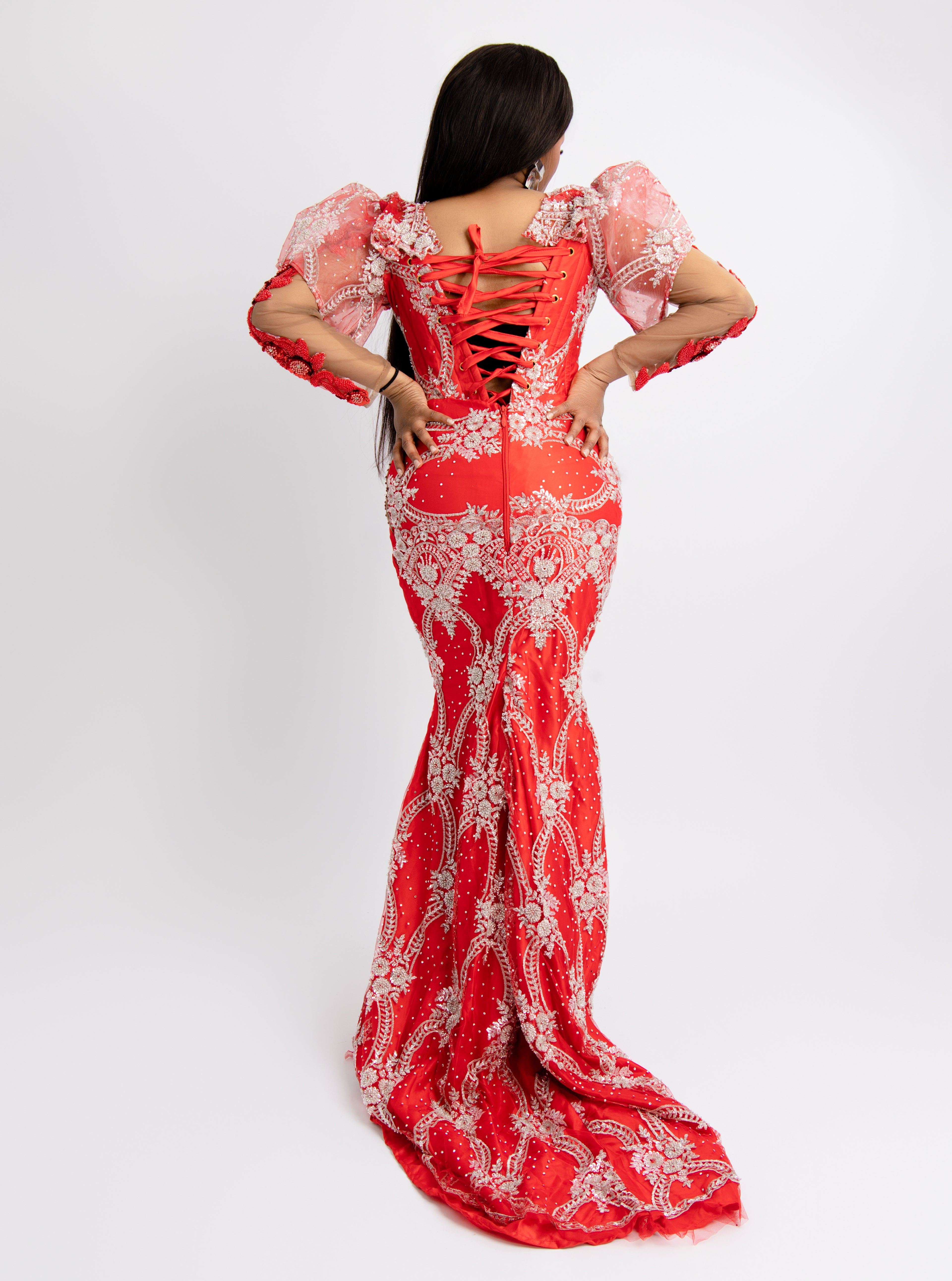Luxury Red Embroidered Mermaid Evening Gown – Elegant Puff Sleeve Sheer Formal Dress for Weddings & Special Events
