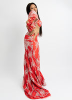 Luxury Red Embroidered Mermaid Evening Gown – Elegant Puff Sleeve Sheer Formal Dress for Weddings & Special Events