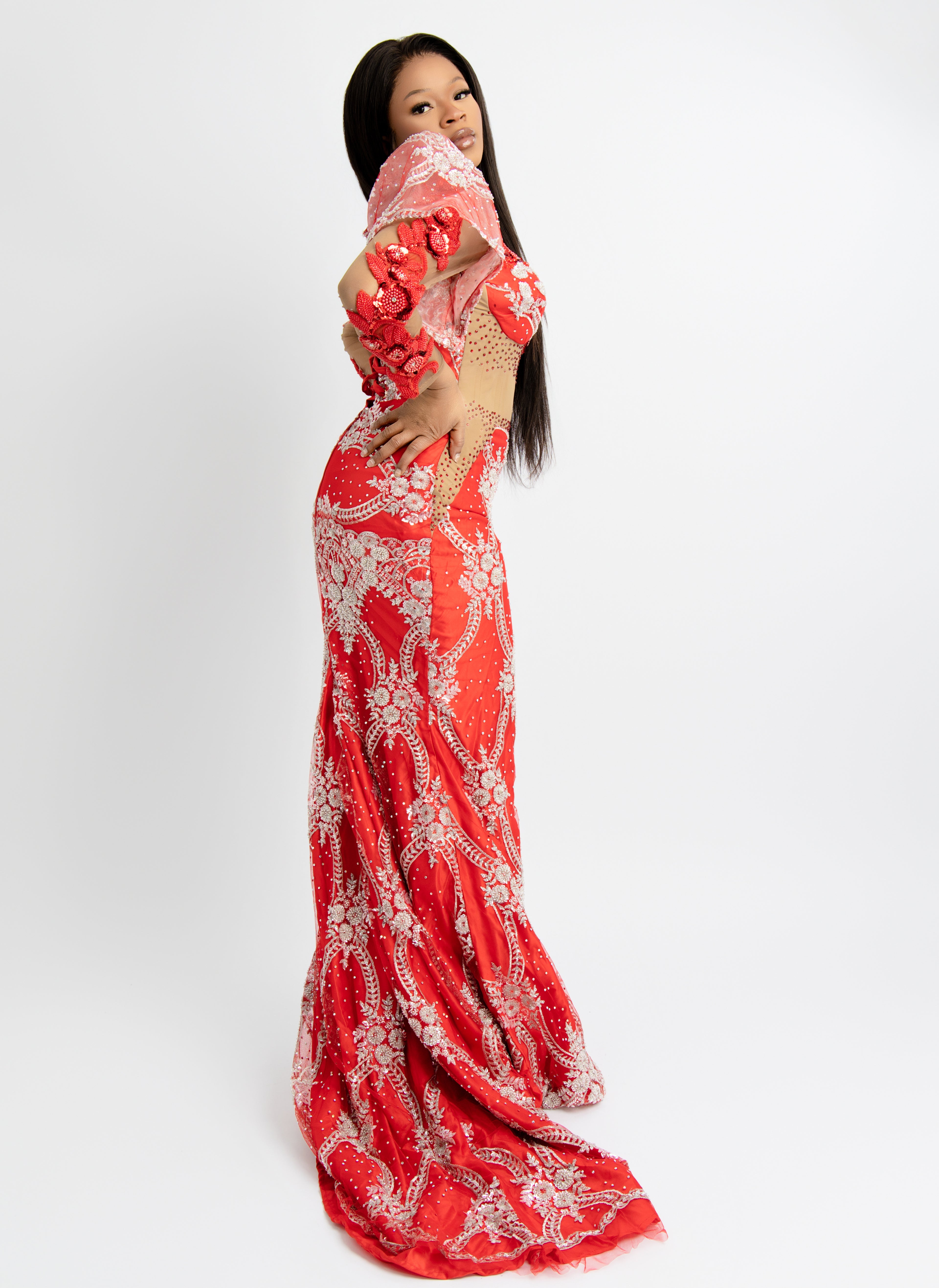 Luxury Red Embroidered Mermaid Evening Gown – Elegant Puff Sleeve Sheer Formal Dress for Weddings & Special Events