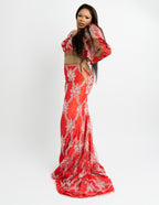 Luxury Red Embroidered Mermaid Evening Gown – Elegant Puff Sleeve Sheer Formal Dress for Weddings & Special Events