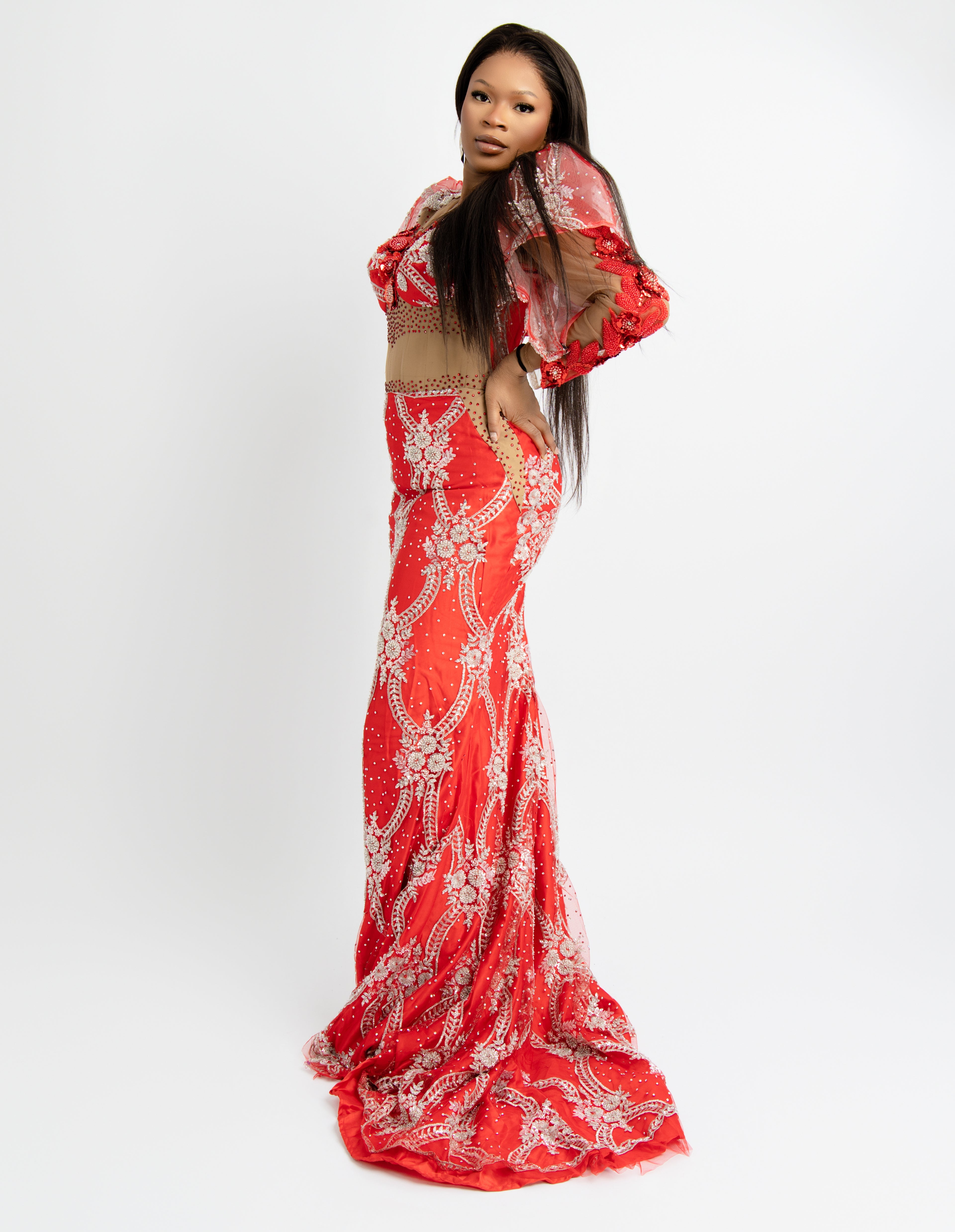 Luxury Red Embroidered Mermaid Evening Gown – Elegant Puff Sleeve Sheer Formal Dress for Weddings & Special Events