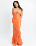 Luxury Orange Beaded Mermaid Evening Gown – Elegant Sheer Long Sleeve Formal Dress for Weddings & Special Events