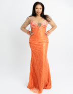 Luxury Orange Beaded Mermaid Evening Gown – Elegant Sheer Long Sleeve Formal Dress for Weddings & Special Events
