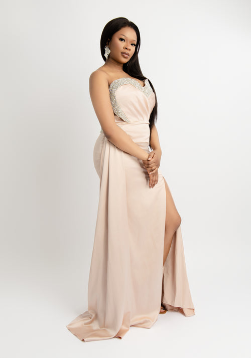 Champagne Slit Evening Gown