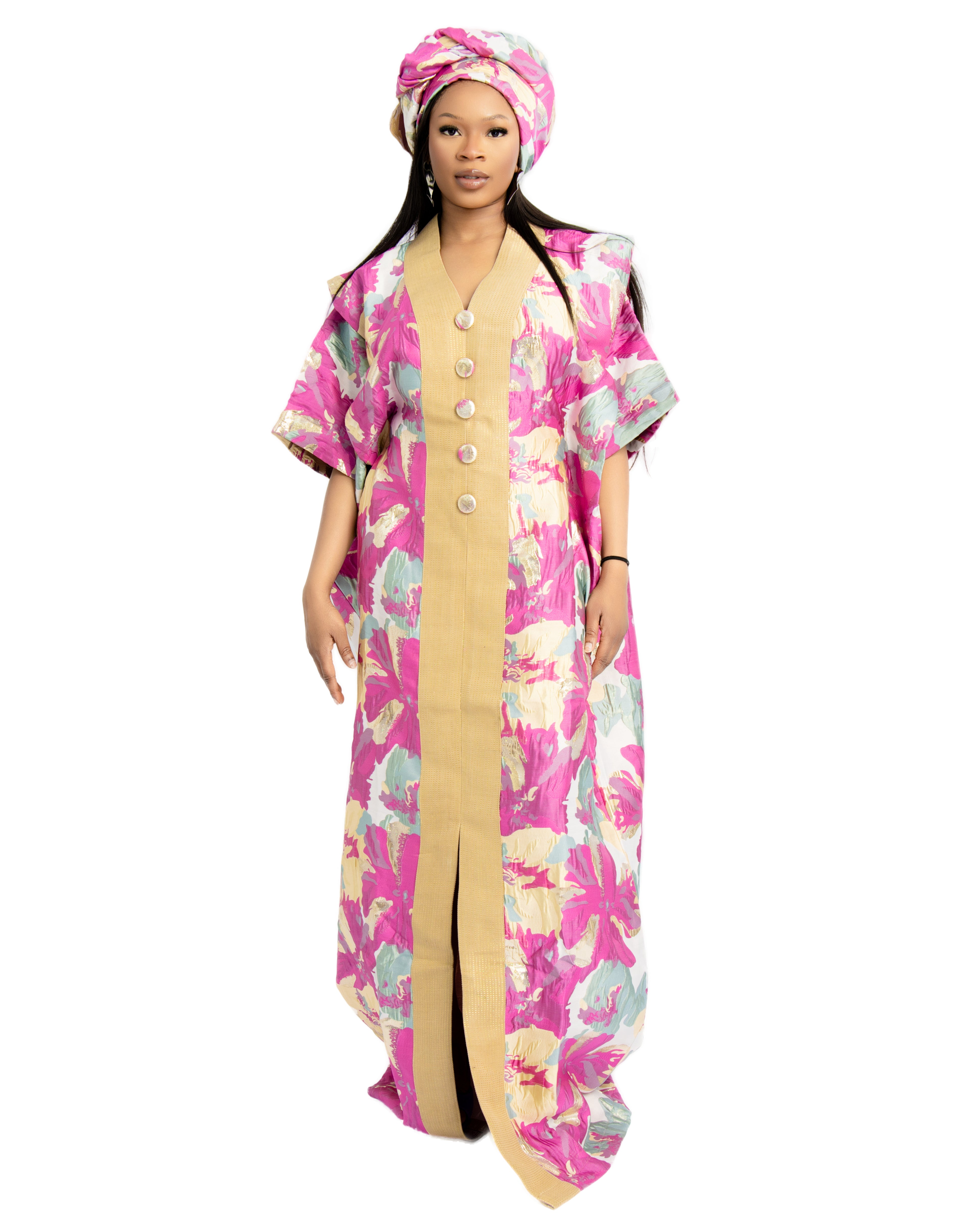 Pink Floral Boubou Dress with Headwrap