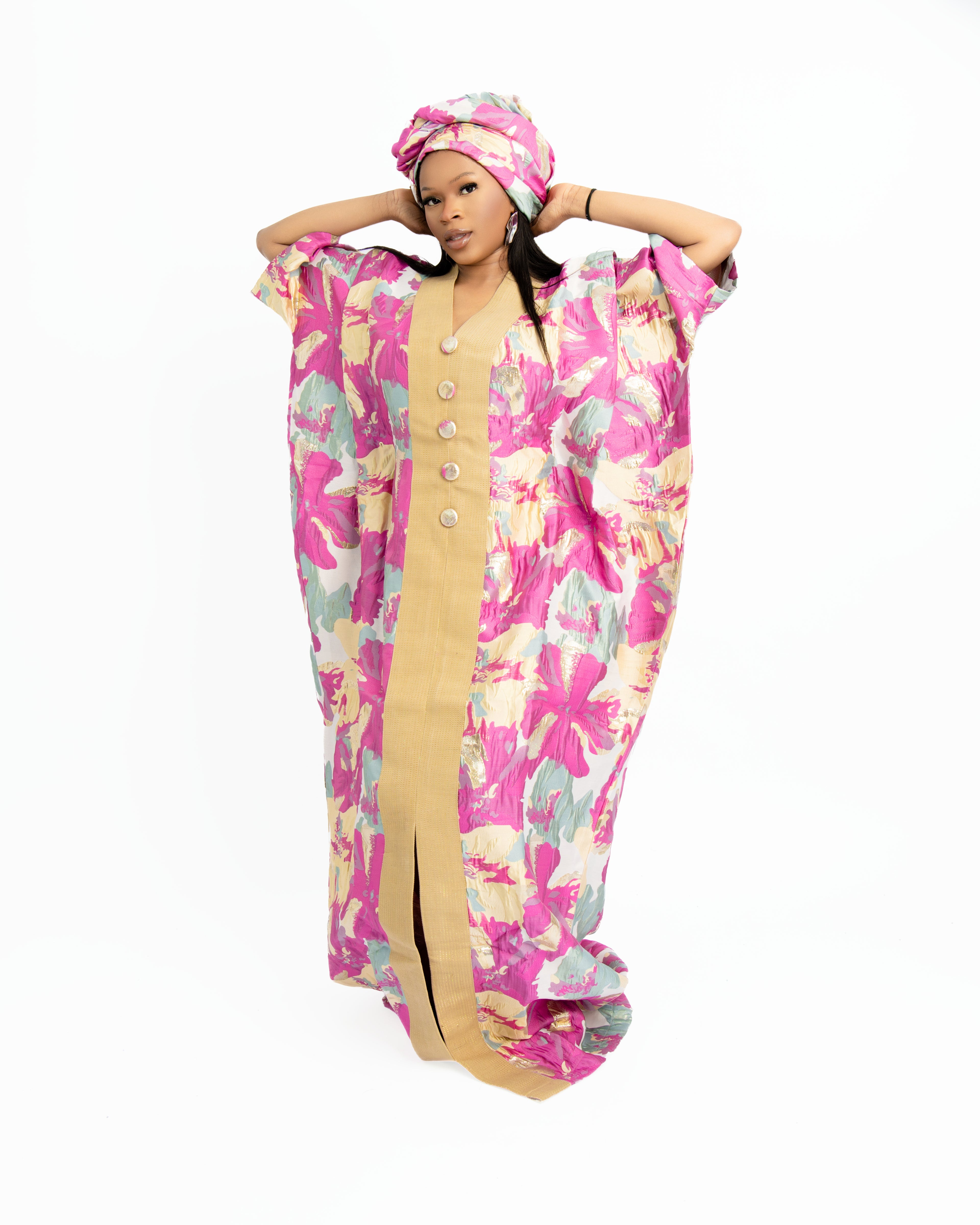 Pink Floral Boubou Dress with Headwrap