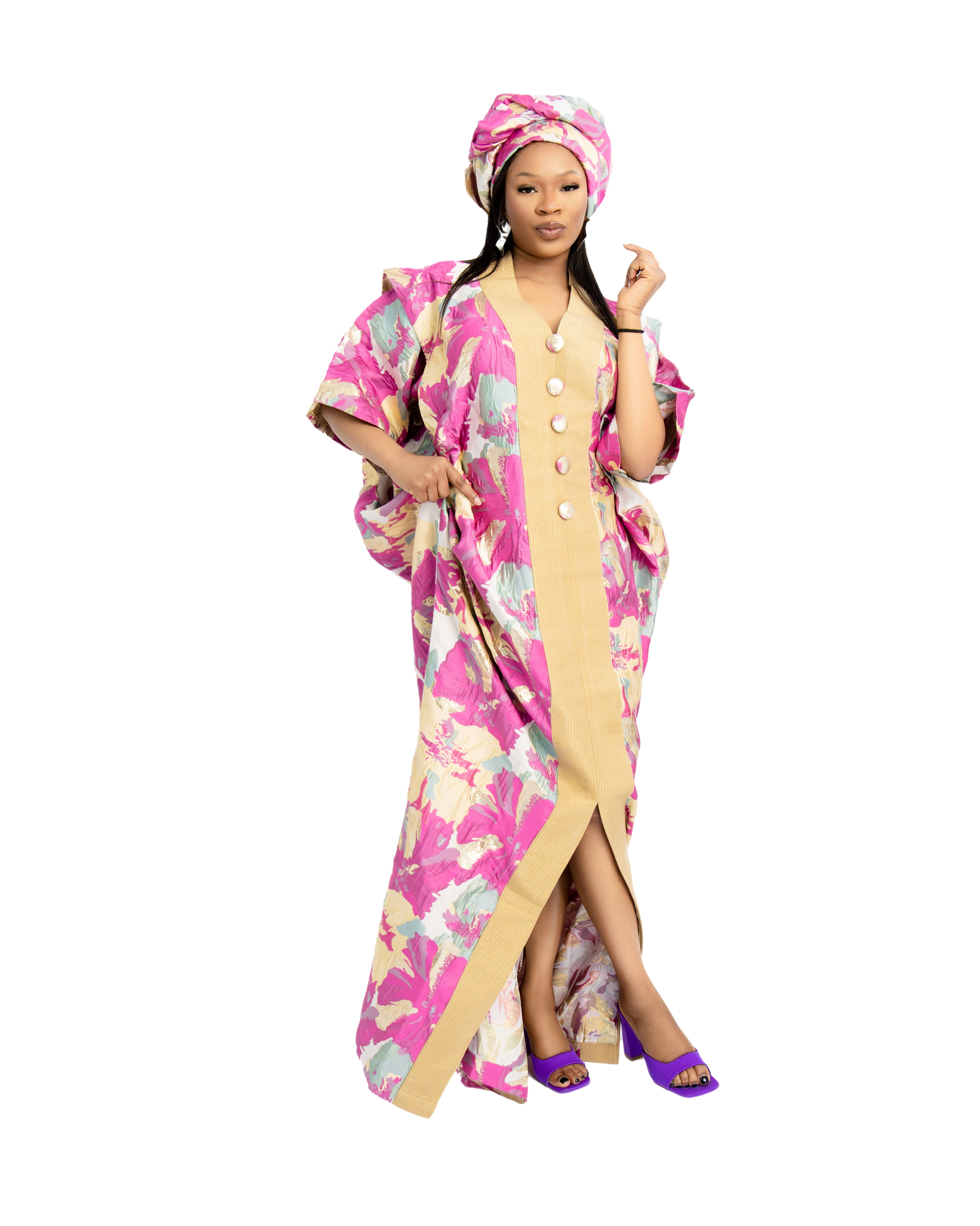 Pink Floral Boubou Dress with Headwrap