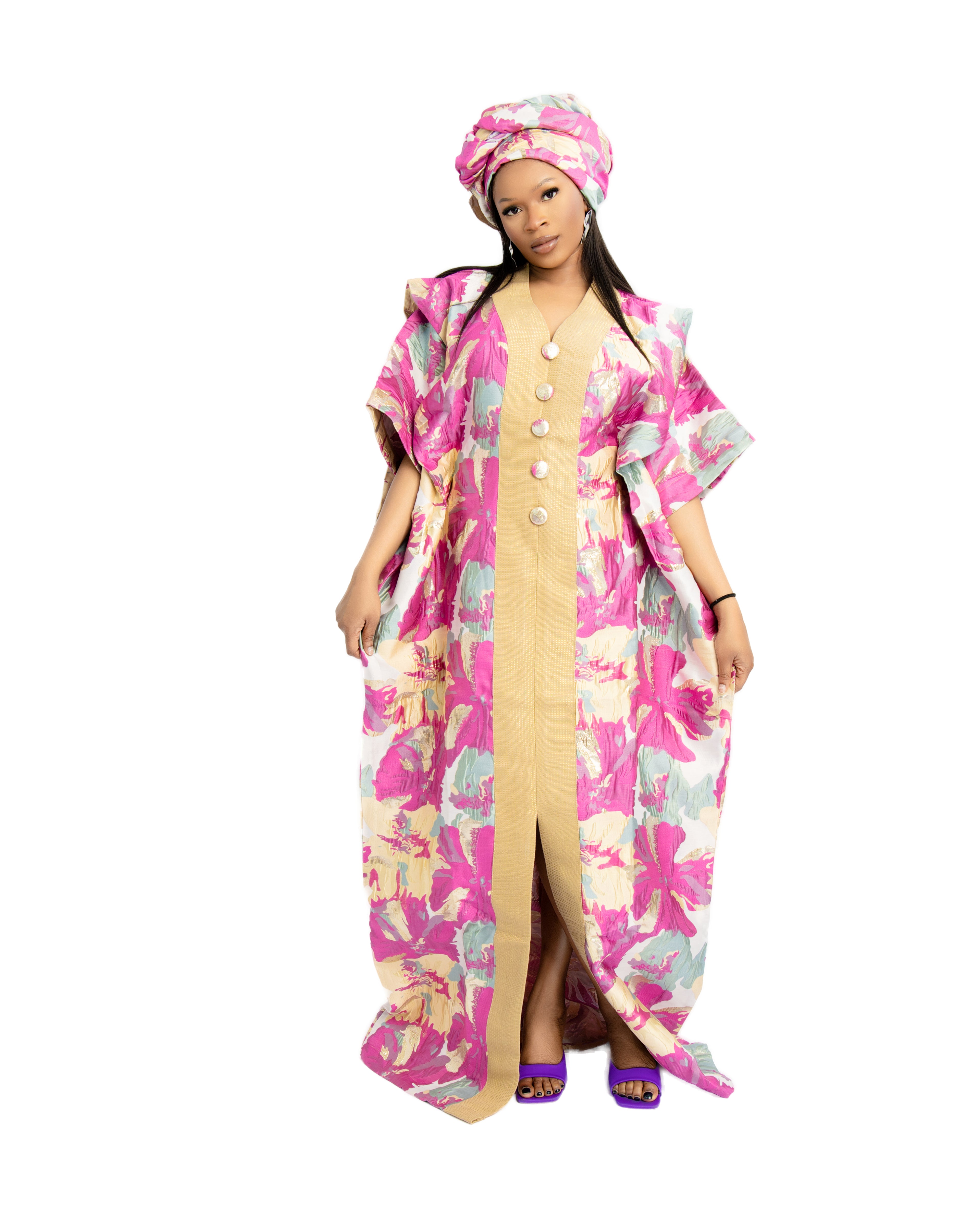 Pink Floral Boubou Dress with Headwrap