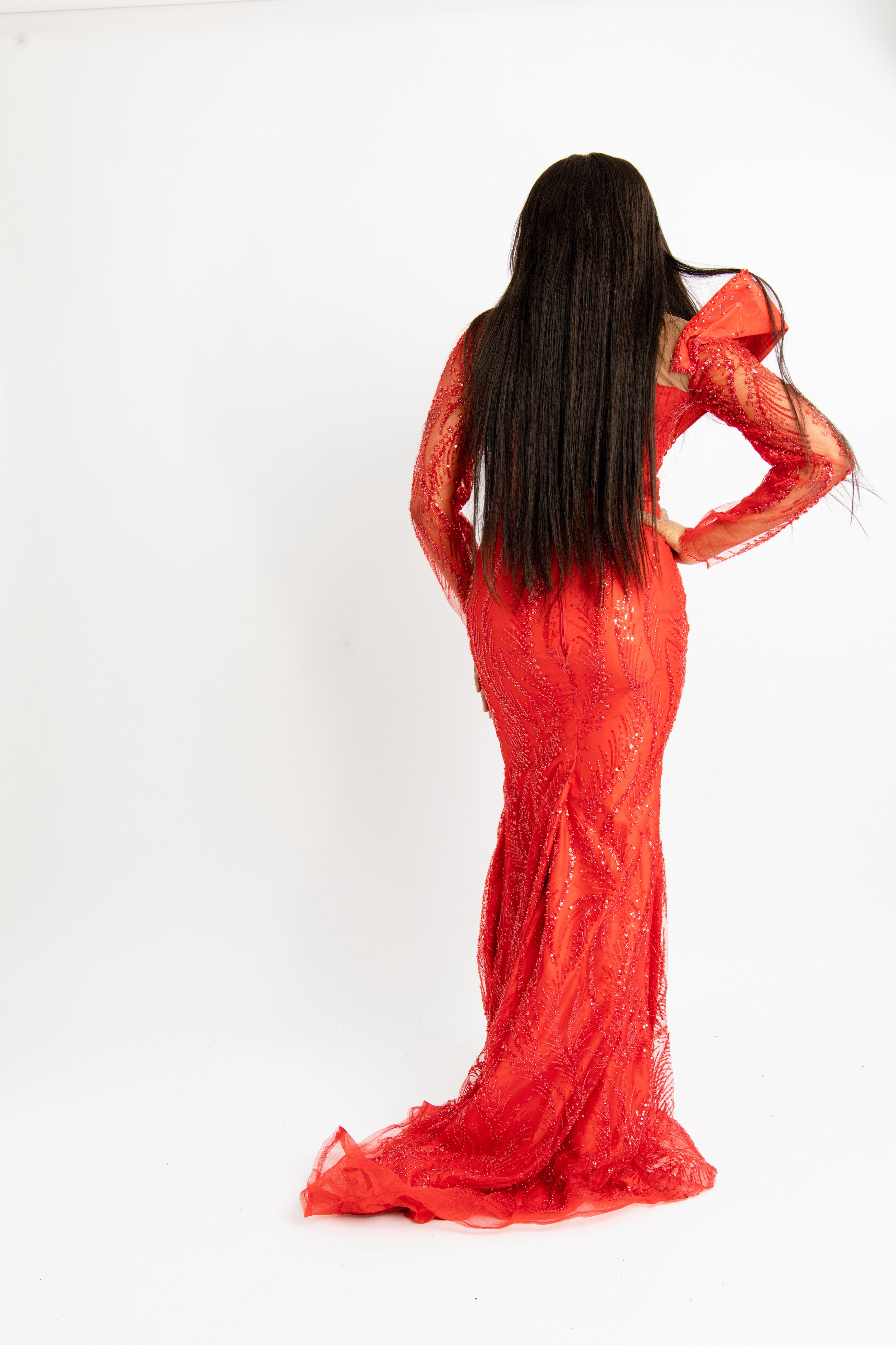 Luxury Red Beaded Mermaid Evening Gown – Elegant Sheer Long Sleeve Formal Dress for Weddings & Special Occasions