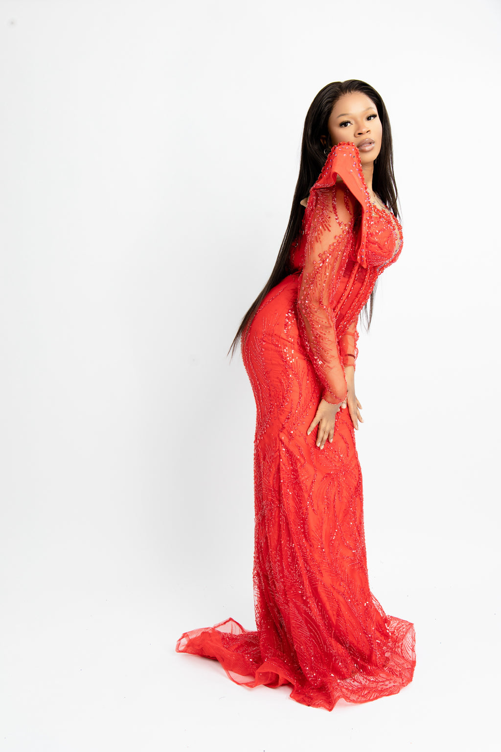 Luxury Red Beaded Mermaid Evening Gown – Elegant Sheer Long Sleeve Formal Dress for Weddings & Special Occasions