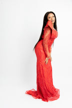 Luxury Red Beaded Mermaid Evening Gown – Elegant Sheer Long Sleeve Formal Dress for Weddings & Special Occasions