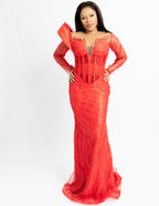Luxury Red Beaded Mermaid Evening Gown – Elegant Sheer Long Sleeve Formal Dress for Weddings & Special Occasions