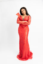 Luxury Red Beaded Mermaid Evening Gown – Elegant Sheer Long Sleeve Formal Dress for Weddings & Special Occasions