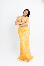 Luxury Yellow Beaded Mermaid Evening Gown – Elegant Feather Detail Formal Dress for Weddings & Gala Events