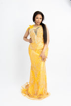 Luxury Yellow Beaded Mermaid Evening Gown – Elegant Feather Detail Formal Dress for Weddings & Gala Events