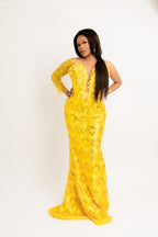 Luxury Yellow Sequin Mermaid Evening Gown – Elegant One Sleeve Embellished Formal Dress for Weddings & Special Occasions