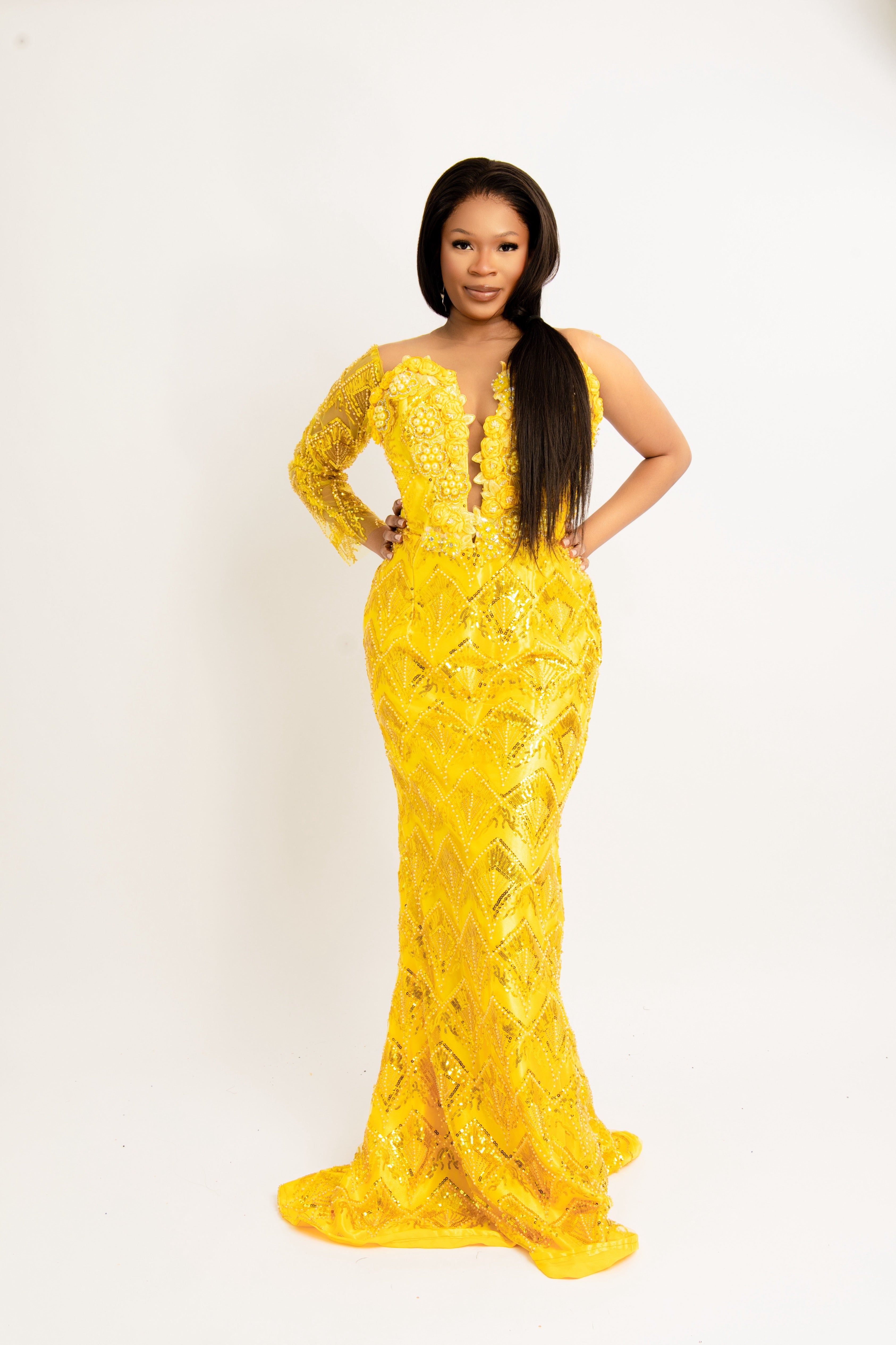 Luxury Yellow Sequin Mermaid Evening Gown – Elegant One Sleeve Embellished Formal Dress for Weddings & Special Occasions
