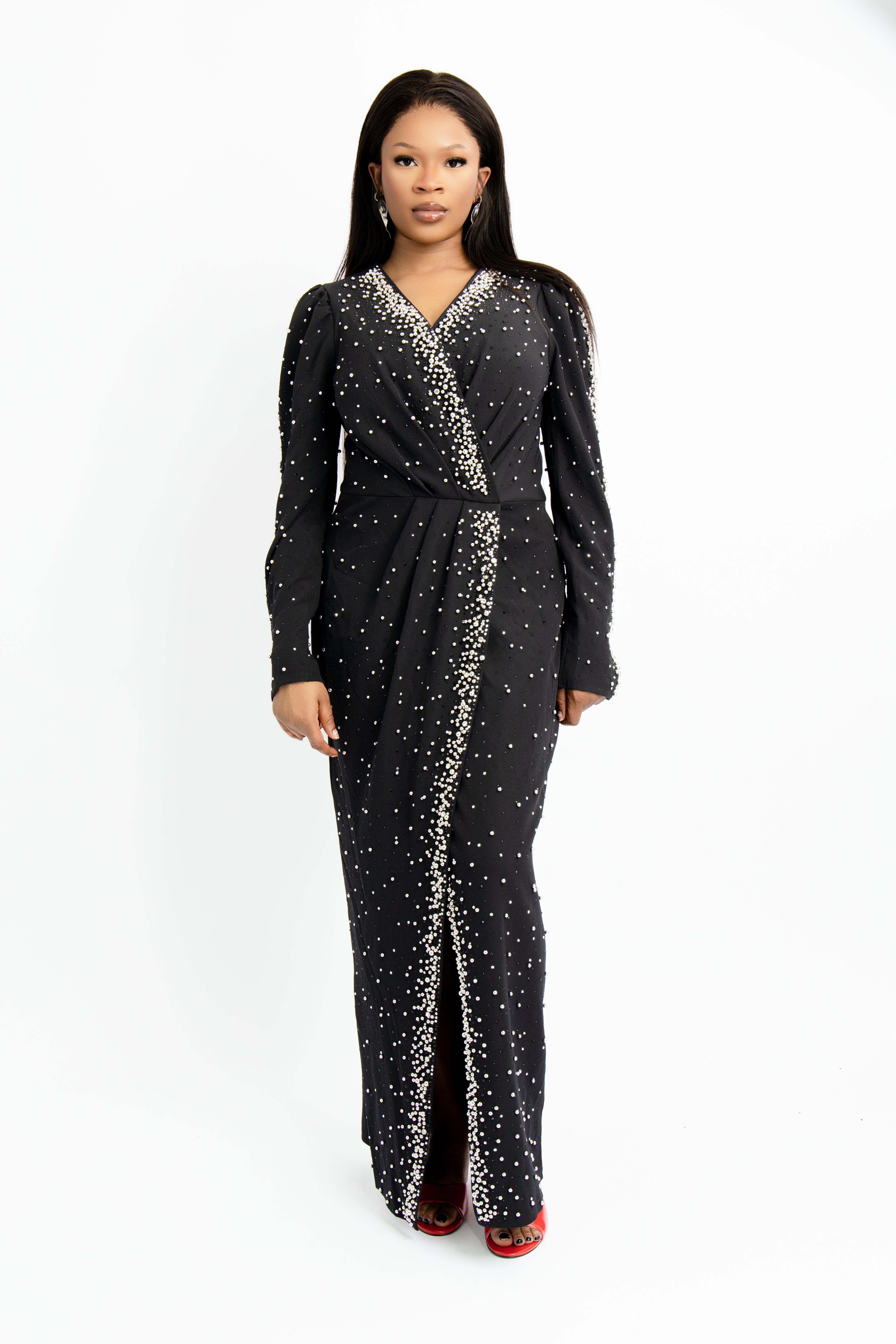 Black Embellished Slit Maxi Dress